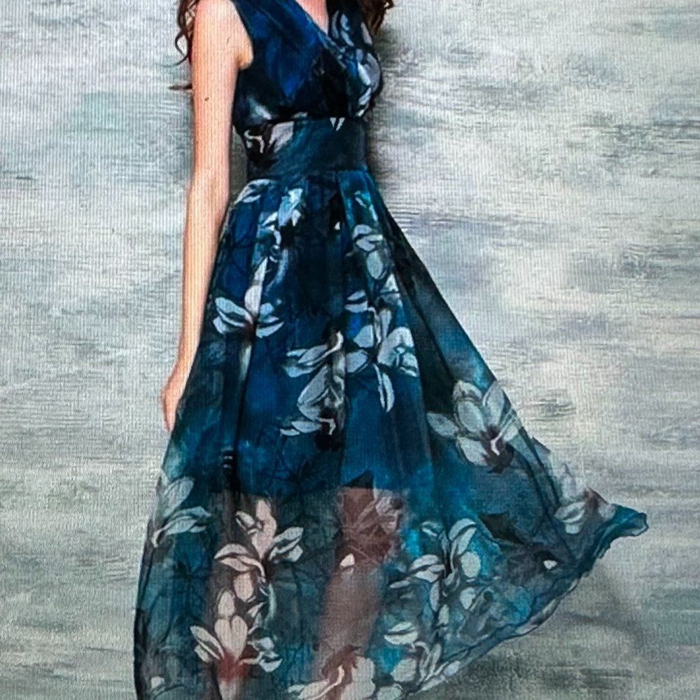 NWT, tlora brand, Blue Print, V-Neck, Sheer Bottom, Maxi Dress, Medium